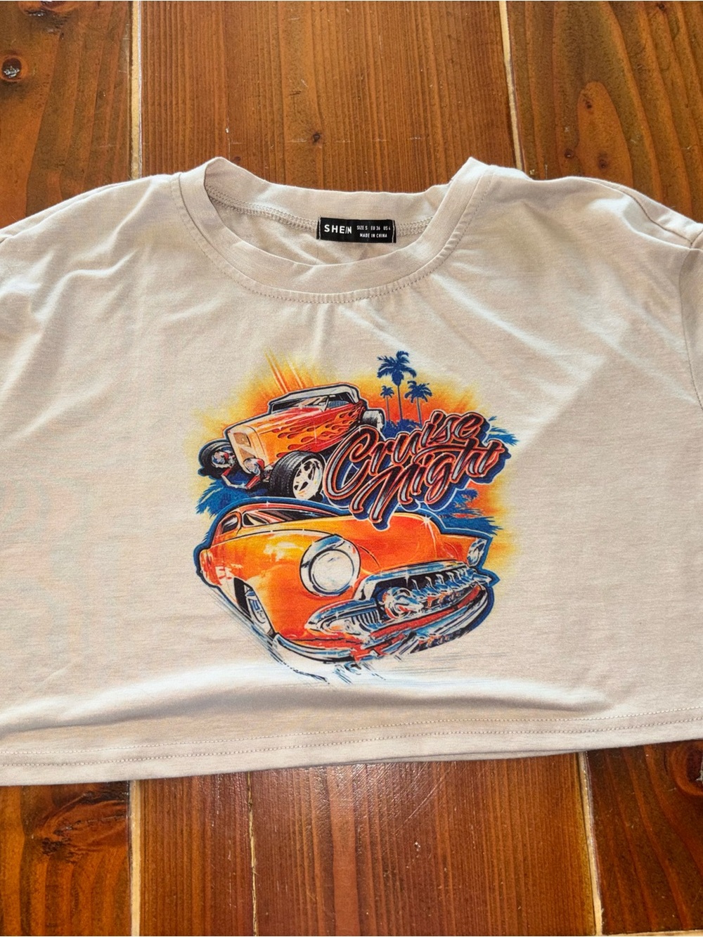SHEIN White Crop Top with Orange & Blue Retro Car Graphic